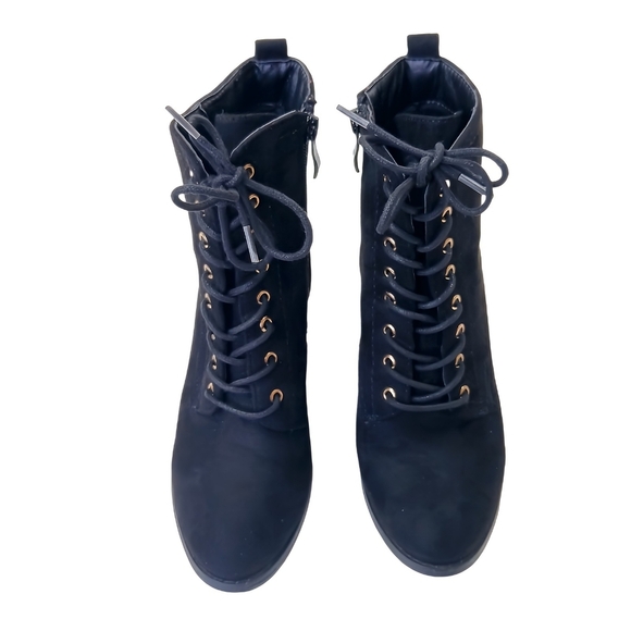 Brinley Co Birdie Combat Boots 6.5 Black Faux Suede Chunky Heel Lace-Up Mid-Calf - Picture 2 of 7